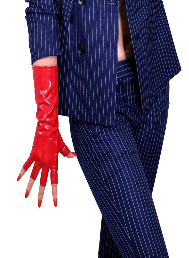 DooWay Half Finger Long Leather Glove for Women Motorcyle Punk Faux Patent PU above Wirst 11 inches Hot Red - Image 1